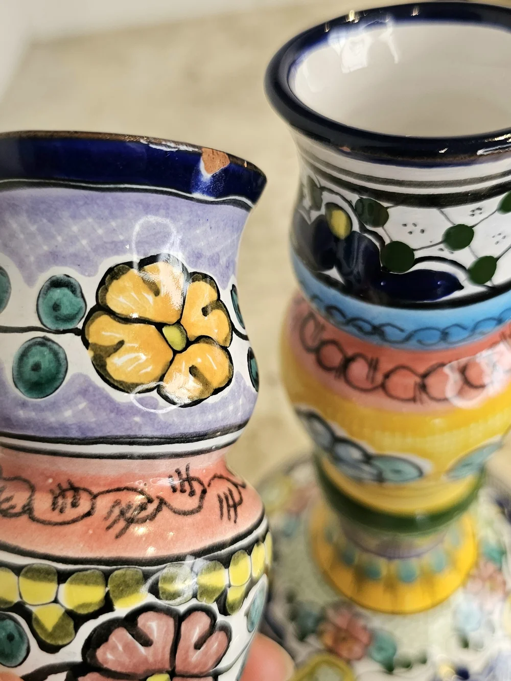 Hand-Painted Multicolor Earthenware Candle Holders Floral Talavera Pue Mex. Art
